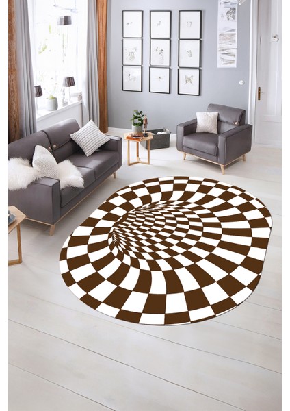 Dijital Kaymaz Yıkanabilir Modern Desen Oval Yolluk Mutfak Salon Halısı, N-O-Modern-78-Kahve, indirimleri