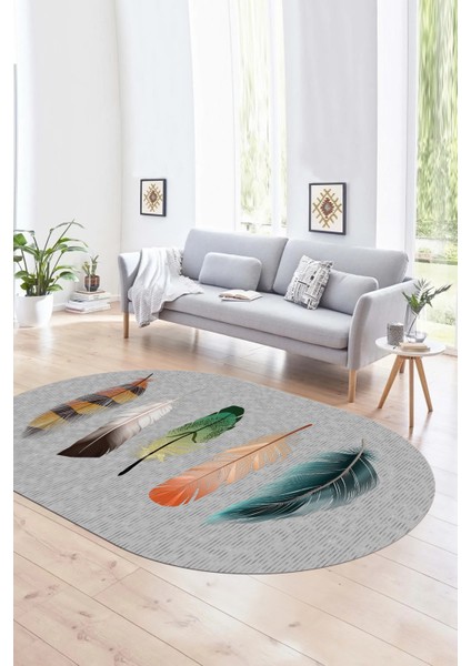Dijital Kaymaz Yıkanabilir Modern Desen Oval Yolluk Mutfak Salon Halısı, N-O-MODERN-114-GRİ,