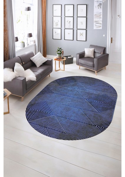 Dijital Kaymaz Yıkanabilir Modern Desen Oval Yolluk Mutfak Salon Halısı, N-O-MODERN-111-MAVİ, indirimleri