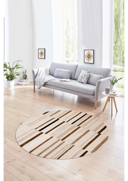 Dijital Kaymaz Taban Yıkanabilir Modern Desen Yuvarlak Mutfak Salon Halısı, N-Y-Modern-74-Kahve,