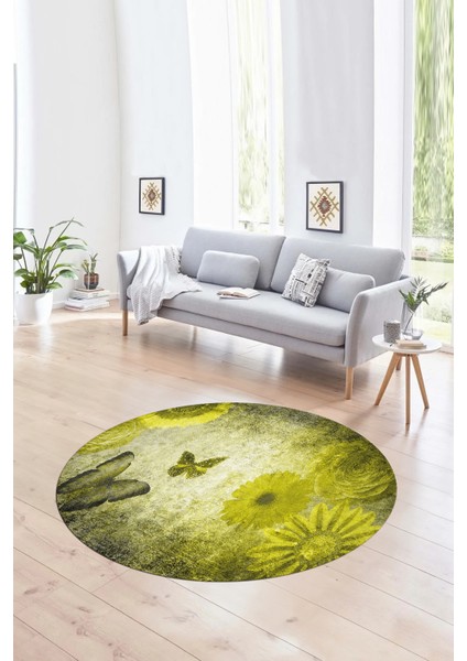 Dijital Kaymaz Taban Yıkanabilir Modern Desen Yuvarlak Mutfak Salon Halısı, N-Y-MODERN-109-SARI,