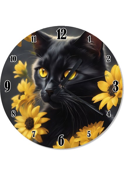 Kara Kedi ve Sarı Çiçekler Dekoratif Duvar Saati