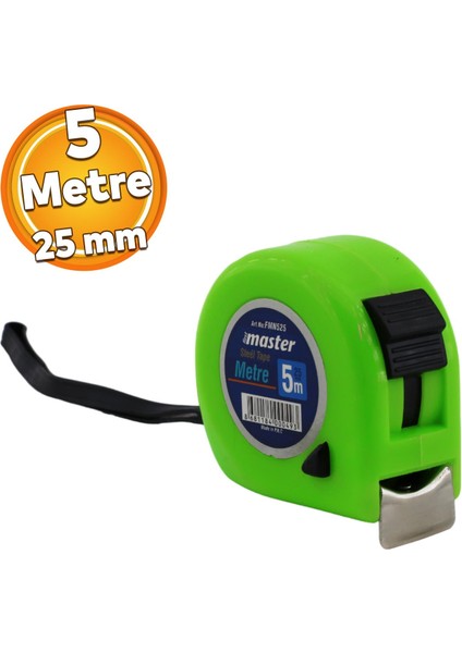 Şerit Metal Bükülebilir Metre 5 M x 25 mm Yeşil Renk Düğmeli Ölçüm Ölçme Plastik Kasalı Klipsli