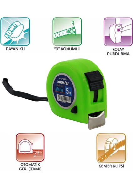 Şerit Metal Bükülebilir Metre 5 M x 25 mm Yeşil Renk Düğmeli Ölçüm Ölçme Plastik Kasalı Klipsli fırsatları