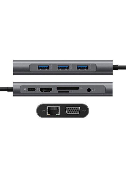 10 In 1 Type-C To VGA HDMI USB C Ethernet Aux Kart Okuyucu Macbook Uyumlu USB Hub Adaptör modelleri