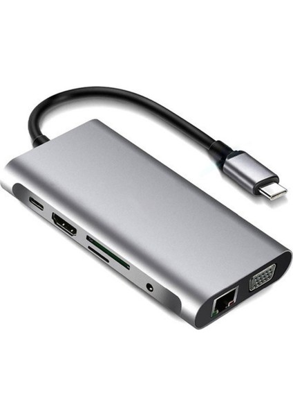 10 In 1 Type-C To VGA HDMI USB C Ethernet Aux Kart Okuyucu Macbook Uyumlu USB Hub Adaptör fırsatları