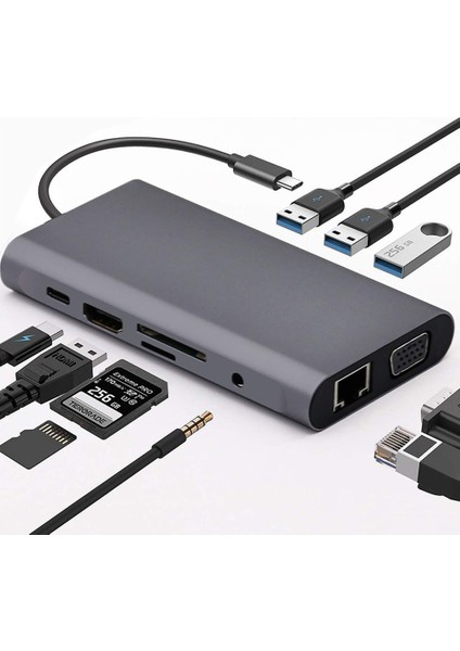 10 In 1 Type-C To VGA HDMI USB C Ethernet Aux Kart Okuyucu Macbook Uyumlu USB Hub Adaptör indirimleri