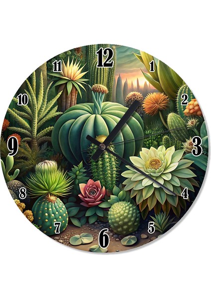 Kaktüs ve Çiçekleri Sessiz Duvar Saati