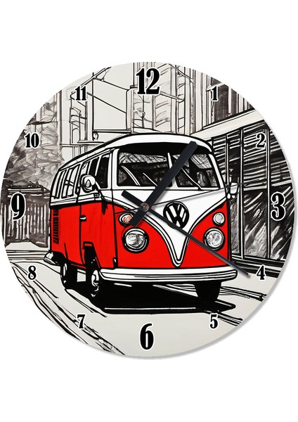 Kırmızı Retro Minibüs Dekoratif Duvar Saati