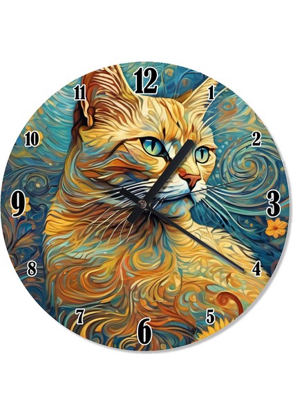 Yağlı Boya Şekilli Sarı Kedi Baskılı Duvar Saati