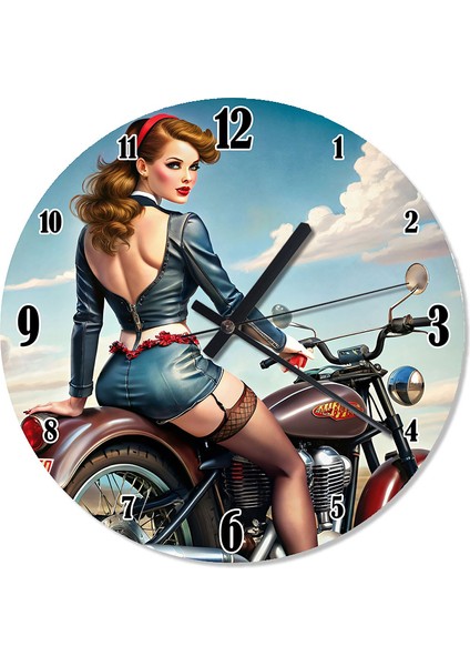 Chopper Motorsiklet ve Kadın Sessiz Duvar Saati