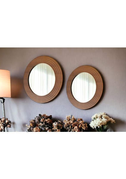 Ahşap Görünümlü Mdf 2 Li Yuvarlak Duvar Salon Banyo Aynası(60 cm ,50 cm Çap)