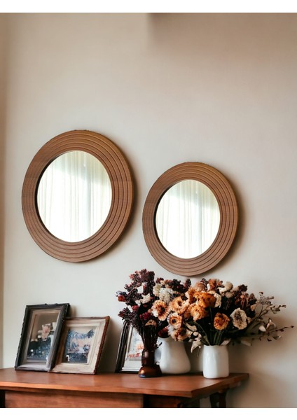 Ahşap Görünümlü Mdf 2 Li Yuvarlak Duvar Salon Banyo Aynası(60 cm ,50 cm Çap)
