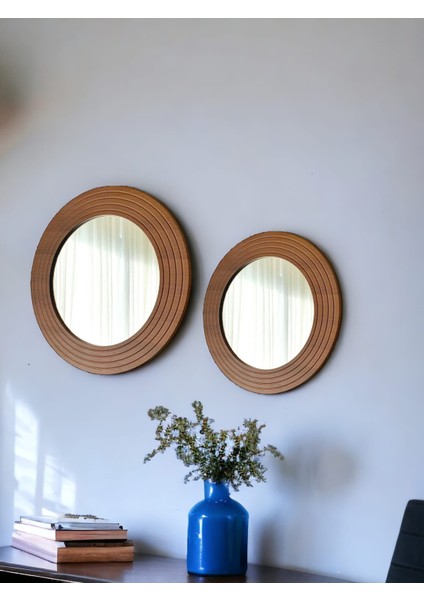 Ahşap Görünümlü Mdf 2 Li Yuvarlak Duvar Salon Banyo Aynası(60 cm ,50 cm Çap)