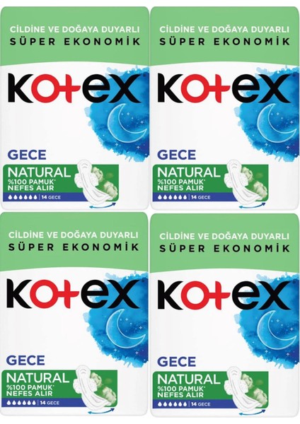 Natural Gece Hijyenik Ped Hipoalerjenik 14'lü 4 Adet Pamuklu Nefes Alabilir Yüzey