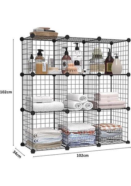 9 Bölmeli Tel Küp Çok Amaçlı Organizer Raf Siyah 33CM Mutfak, Oyuncak, Kiler, Depolama Rafı