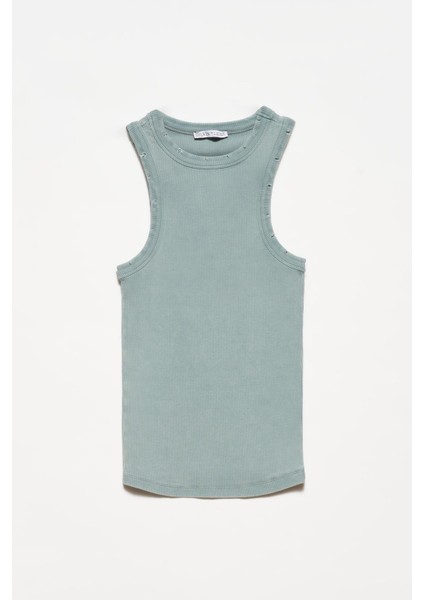 Hamile Tişört Fitilli Kolsuz Haki Renk %95 Pamuk Rahat Kesim Günlük Kullanım