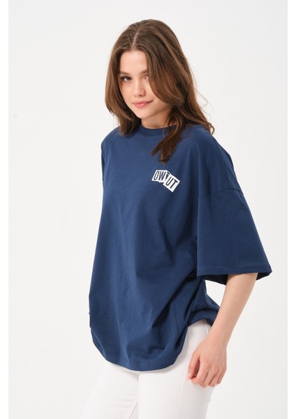 Lacivert Bisiklet Yaka Owut Baskı Detaylı Oversize T-Shirt