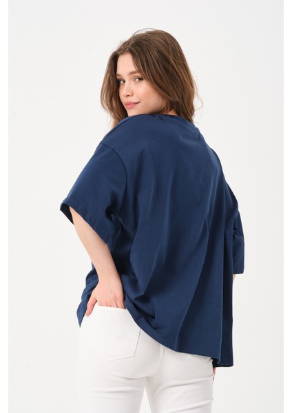Lacivert Bisiklet Yaka Owut Baskı Detaylı Oversize T-Shirt modelleri