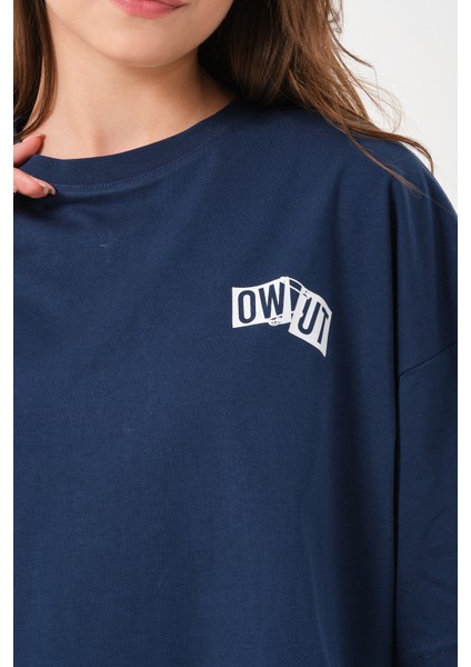 Lacivert Bisiklet Yaka Owut Baskı Detaylı Oversize T-Shirt indirimleri