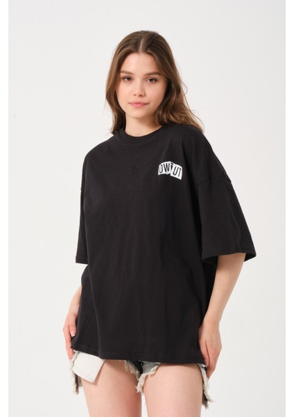 Lacivert Bisiklet Yaka Owut Baskı Detaylı Oversize T-Shirt