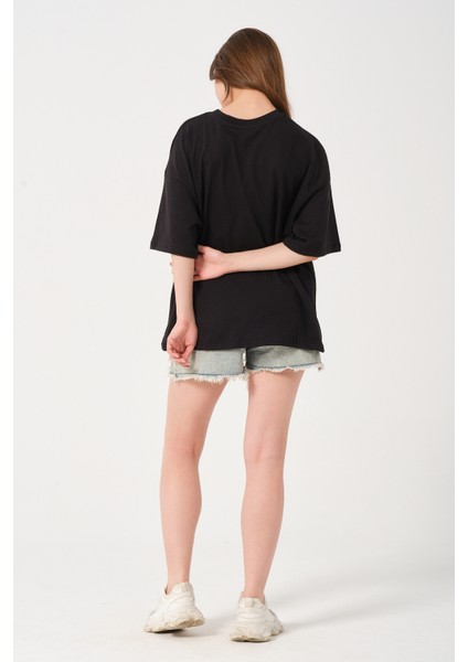 Lacivert Bisiklet Yaka Owut Baskı Detaylı Oversize T-Shirt fiyatları