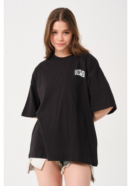 Lacivert Bisiklet Yaka Owut Baskı Detaylı Oversize T-Shirt fırsatları