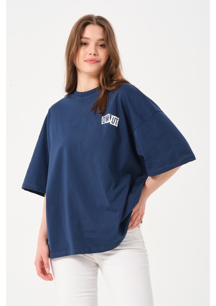 Lacivert Bisiklet Yaka Owut Baskı Detaylı Oversize T-Shirt