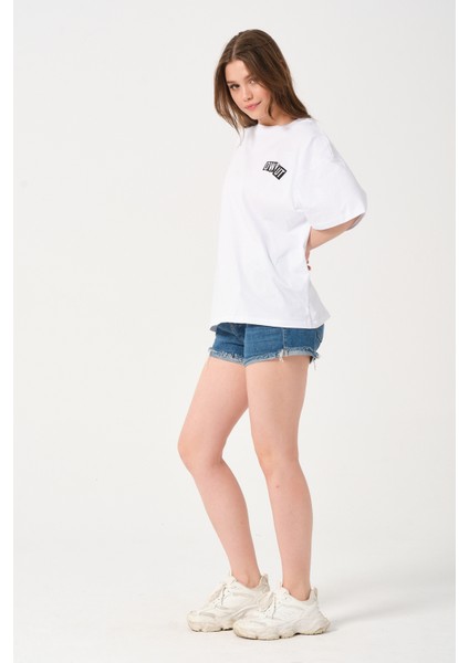 Lacivert Bisiklet Yaka Owut Baskı Detaylı Oversize T-Shirt