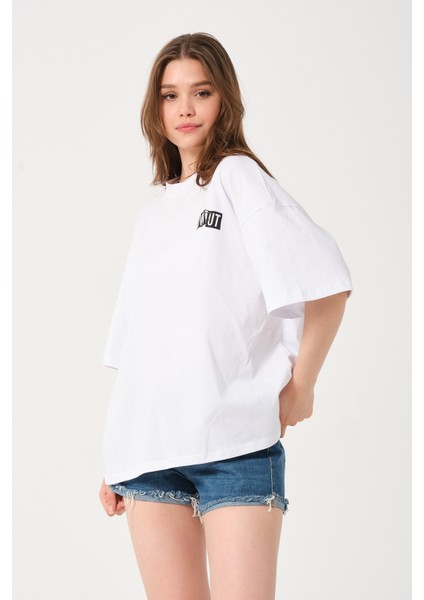 Lacivert Bisiklet Yaka Owut Baskı Detaylı Oversize T-Shirt modelleri