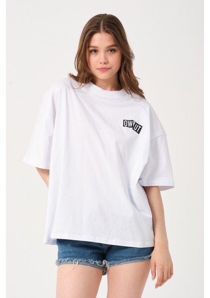Lacivert Bisiklet Yaka Owut Baskı Detaylı Oversize T-Shirt fırsatları