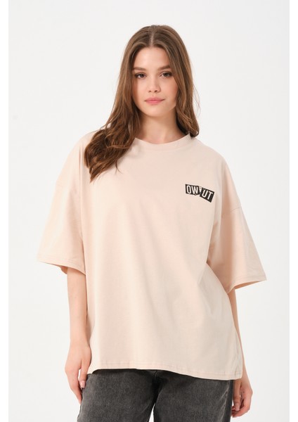 Lacivert Bisiklet Yaka Owut Baskı Detaylı Oversize T-Shirt