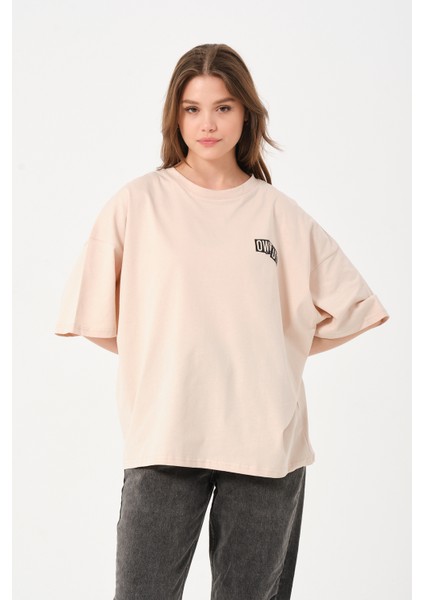 Lacivert Bisiklet Yaka Owut Baskı Detaylı Oversize T-Shirt