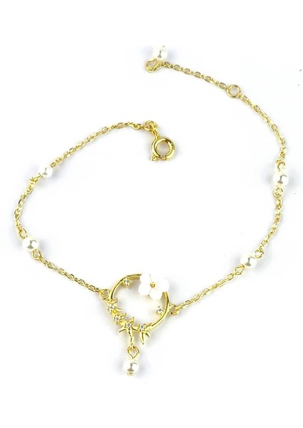 Sedef Taslı El Işi 925 Ayar Gumuş Uzerıne Altın Kaplama Manolya Bıleklık