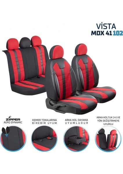 Volvo XC40 Uyumlu Lüx Deri Detaylı Oto Koltuk Kılıfı Ön Arka Takım Vista Model Siyah Kırmızı Sc