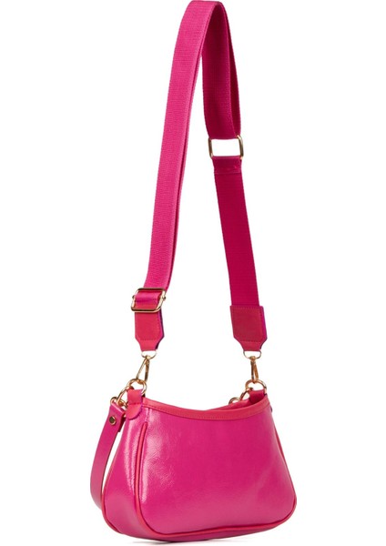 Pembe Vegan Deri Çapraz Omuz ve El Çantası Baget Mini Kadın Kol Çantası