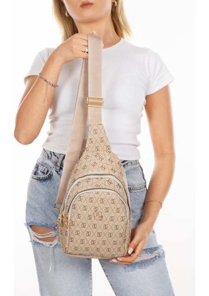 Kadın Bej Deri Monogram Desenli Çapraz Bel Göğüs Ve Omuz Çantası newpolo218 fırsatları