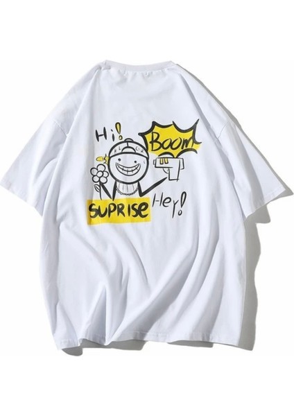KİDS FACE Hi Suprise Sırt Baskılı Pamuk Oversize Sokak Stili Erkek Çocuk T-Shırt