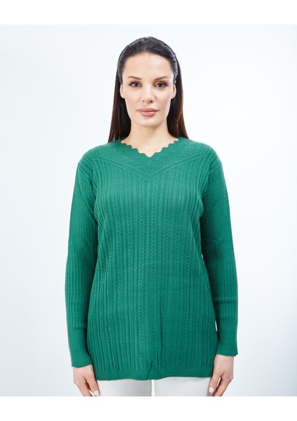 Kadın Yeşil Triko V Yaka Esnek Kazak