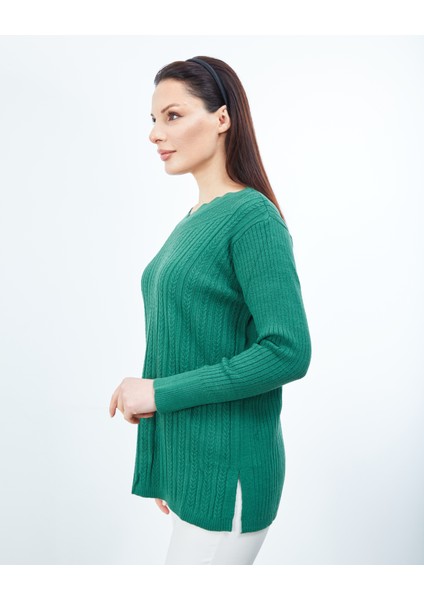 Kadın Yeşil Triko V Yaka Esnek Kazak modelleri