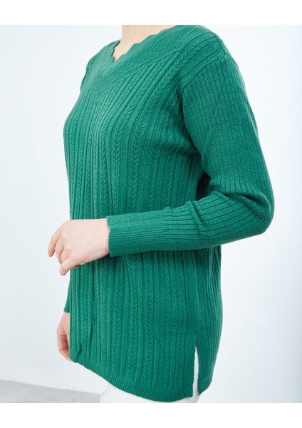 Kadın Yeşil Triko V Yaka Esnek Kazak indirimleri