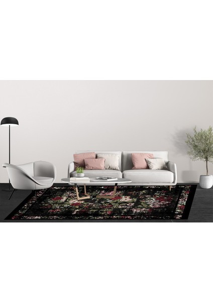 Klasik Siyah Dijital Baskılı Makinede Yıkanabilir Kaymaz Taban Saçaklı Halı Hk004