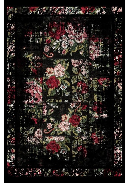 Klasik Siyah Dijital Baskılı Makinede Yıkanabilir Kaymaz Taban Saçaklı Halı Hk004