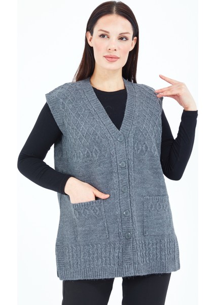 Kadın Gri Düğmeli Cepli Yün Anne Yelek