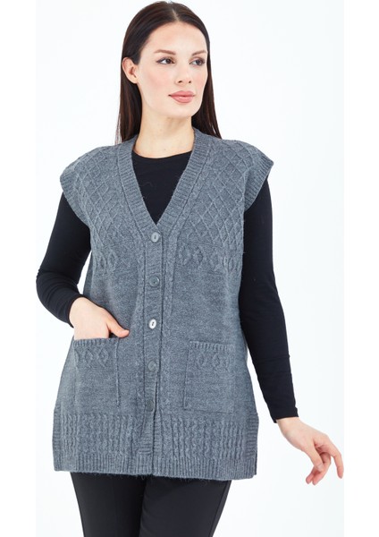 Kadın Gri Düğmeli Cepli Yün Anne Yelek fiyatları