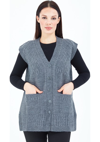 Kadın Gri Düğmeli Cepli Yün Anne Yelek modelleri