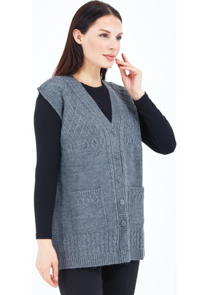 Kadın Gri Düğmeli Cepli Yün Anne Yelek fırsatları