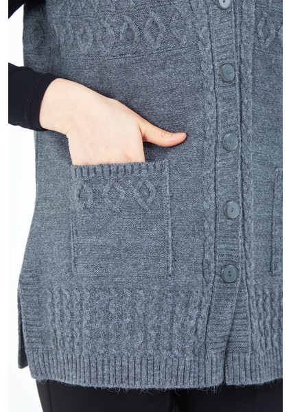 Kadın Gri Düğmeli Cepli Yün Anne Yelek indirimleri