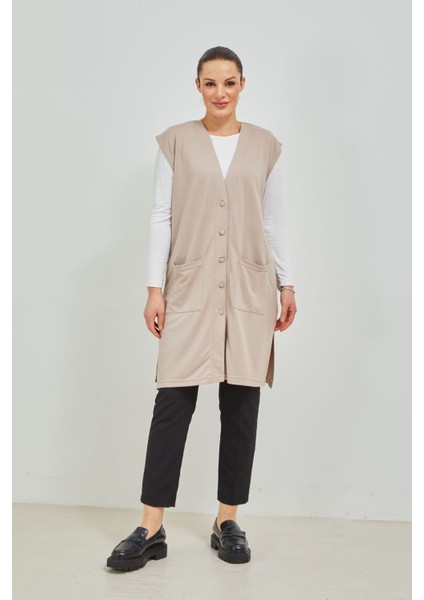 Kadın Krem Uzun Cepli Düğmeli Büyük Beden Penye Yelek fiyatları