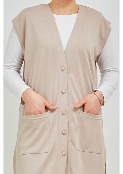 Kadın Krem Uzun Cepli Düğmeli Büyük Beden Penye Yelek modelleri